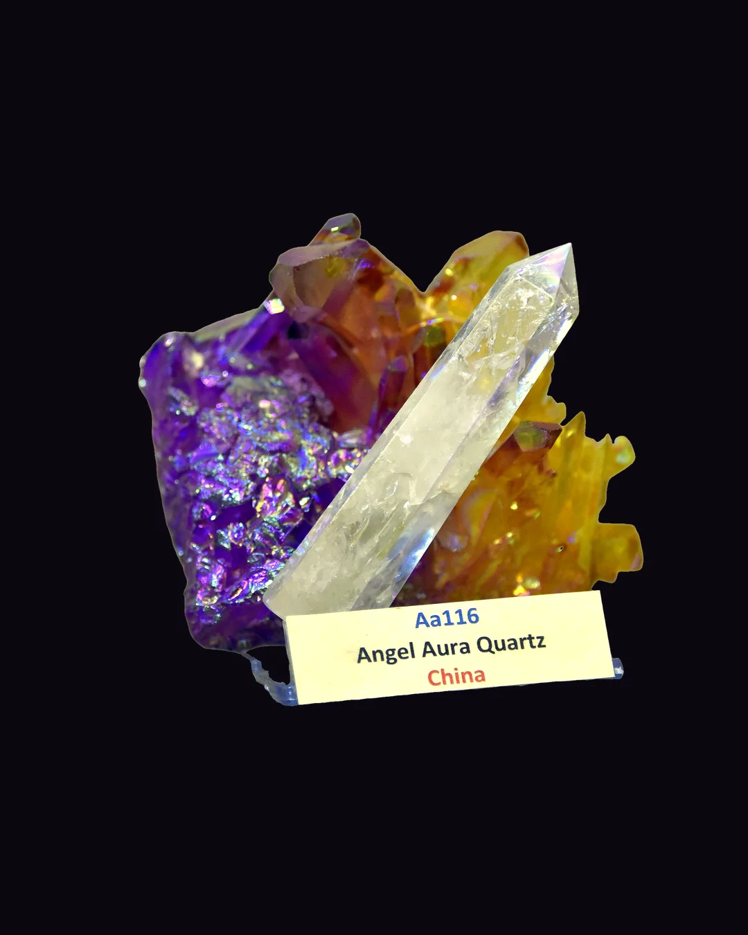 Aura Quartz, iridescent teal-violet and electric blue quartz mineral specimen