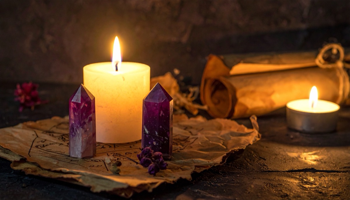 two purple tipped crystal points flanking a lit pillar candle on aged parchment