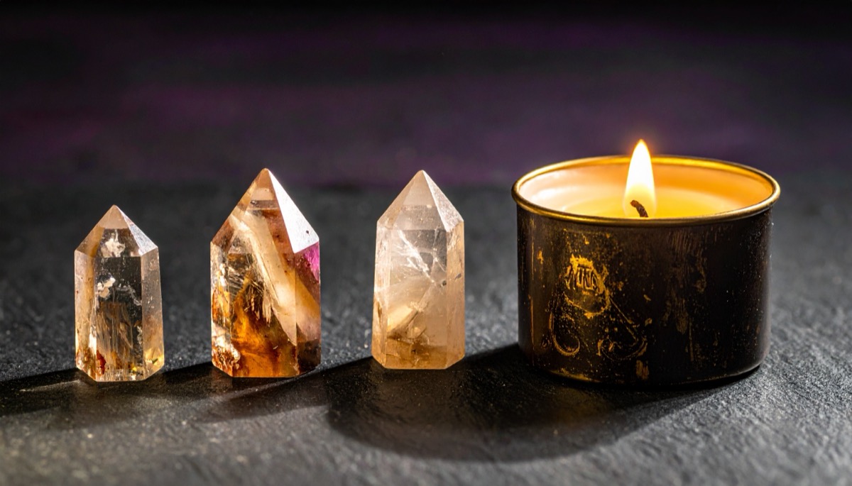 three small pale crystal points of graduating size beside a lit tea light on dark slate