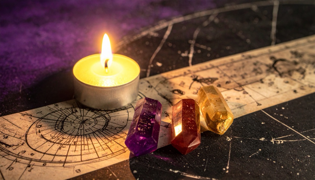 a lit tea light with purple, red and golden crystal points on an old star chart