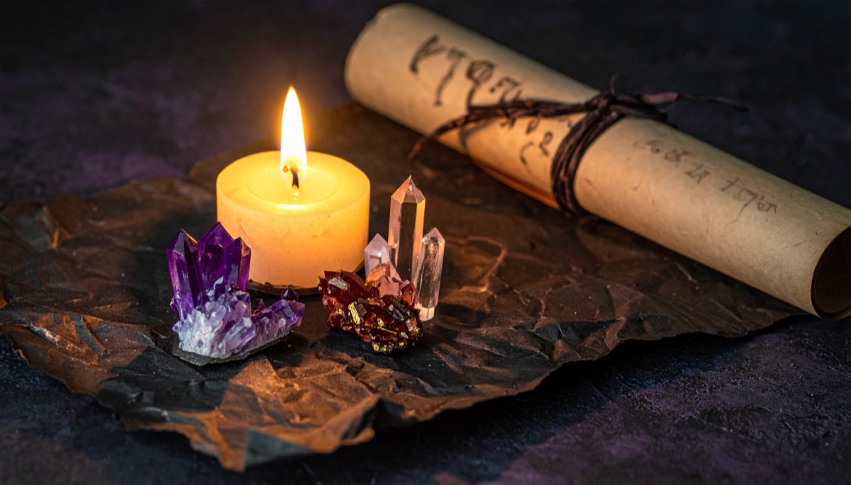 a lit candle, a purple cluster and pale points on a dark metal dish beside a tied scroll