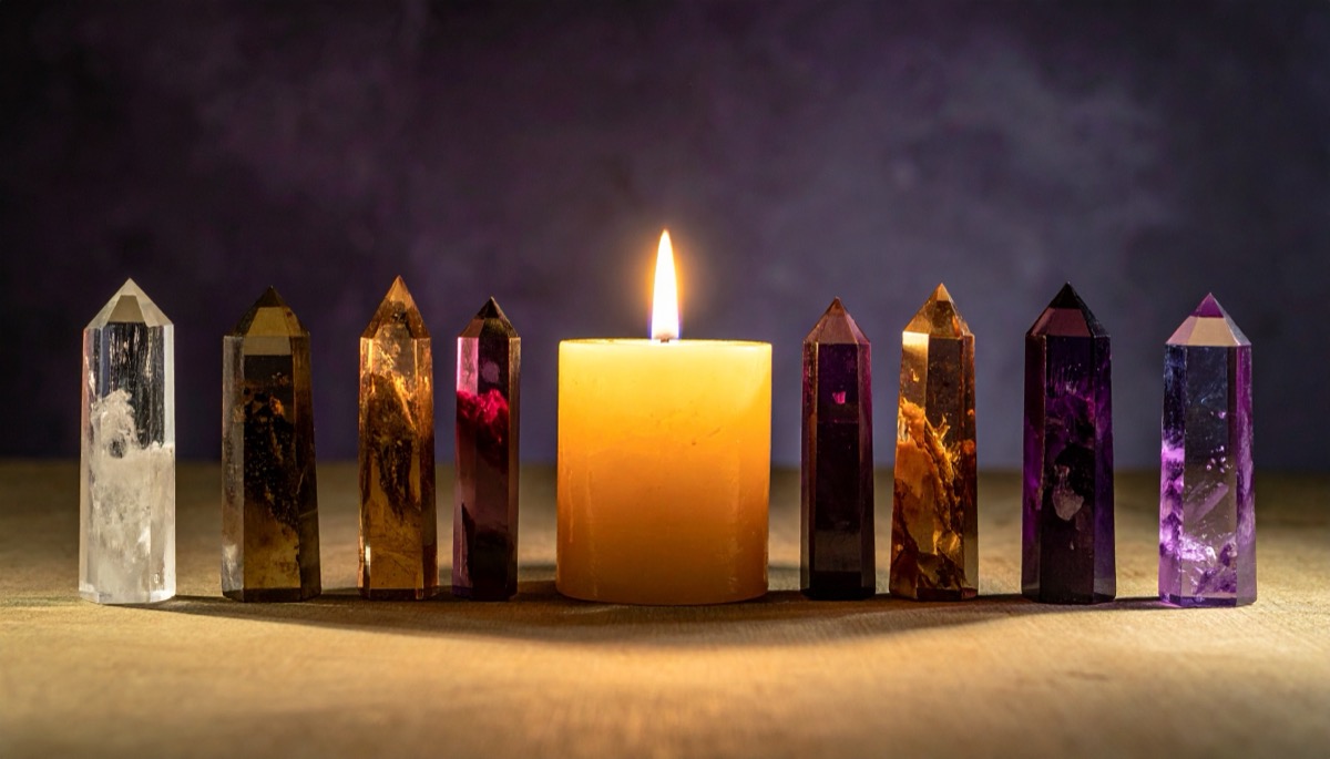 a row of clear, smoky and purple crystal points standing either side of a lit pillar candle