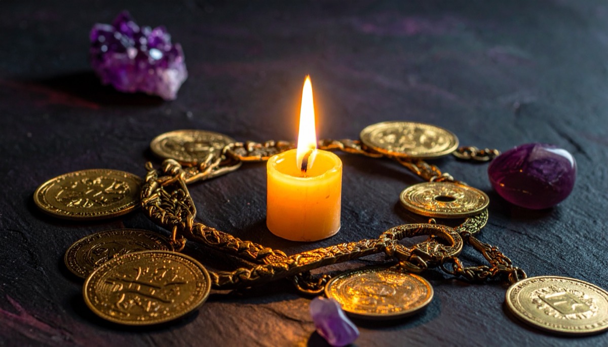 gold coins and chains circling a lit orange candle with a purple cluster on slate