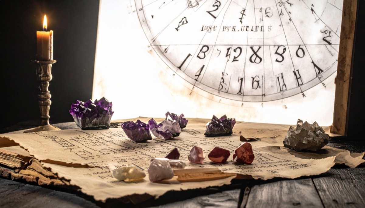 purple and red rough crystals scattered on old numbered paper below a lit taper candle