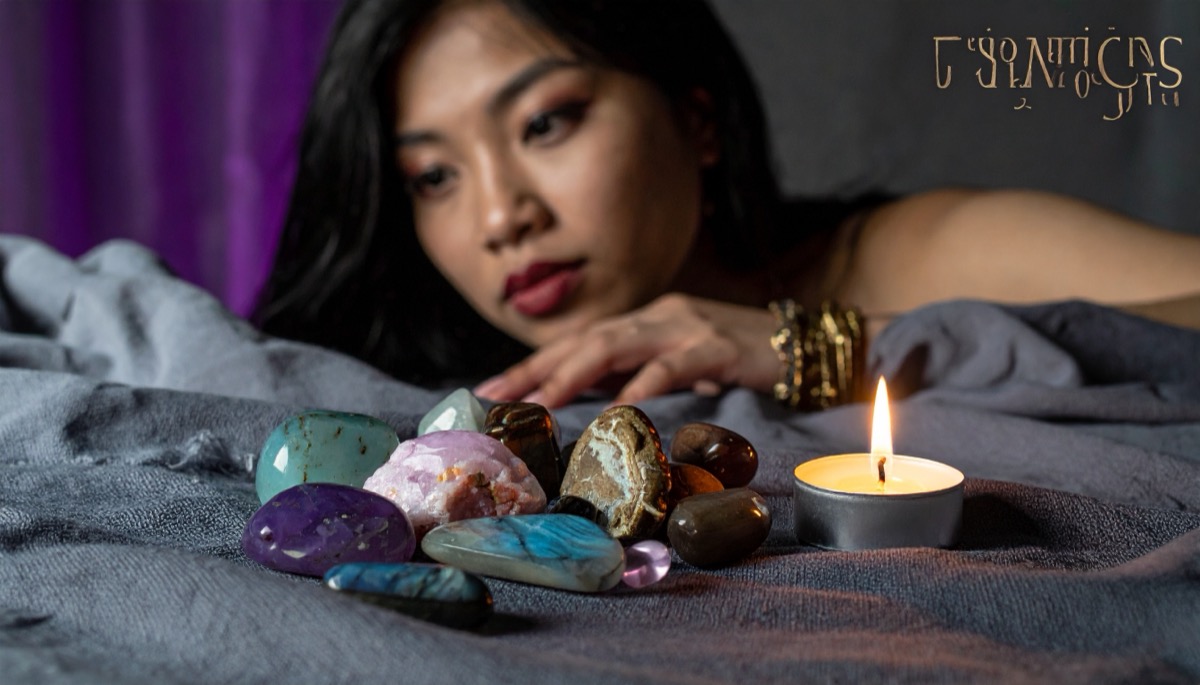 a dark haired woman resting behind a spread of tumbled stones and a tea light on grey cloth