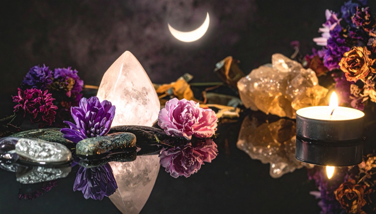 a large pale pink point and flowers reflected on black glass under a crescent moon