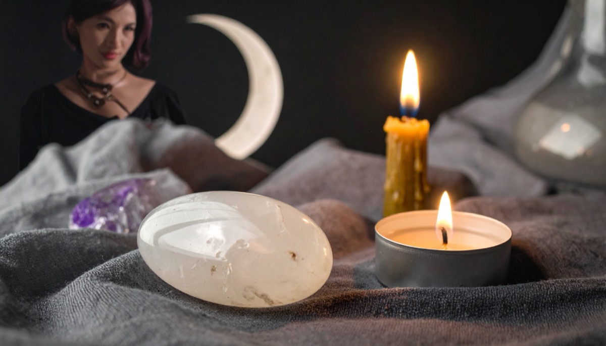 a smooth white polished palm stone on grey cloth by two candles and a crescent moon prop