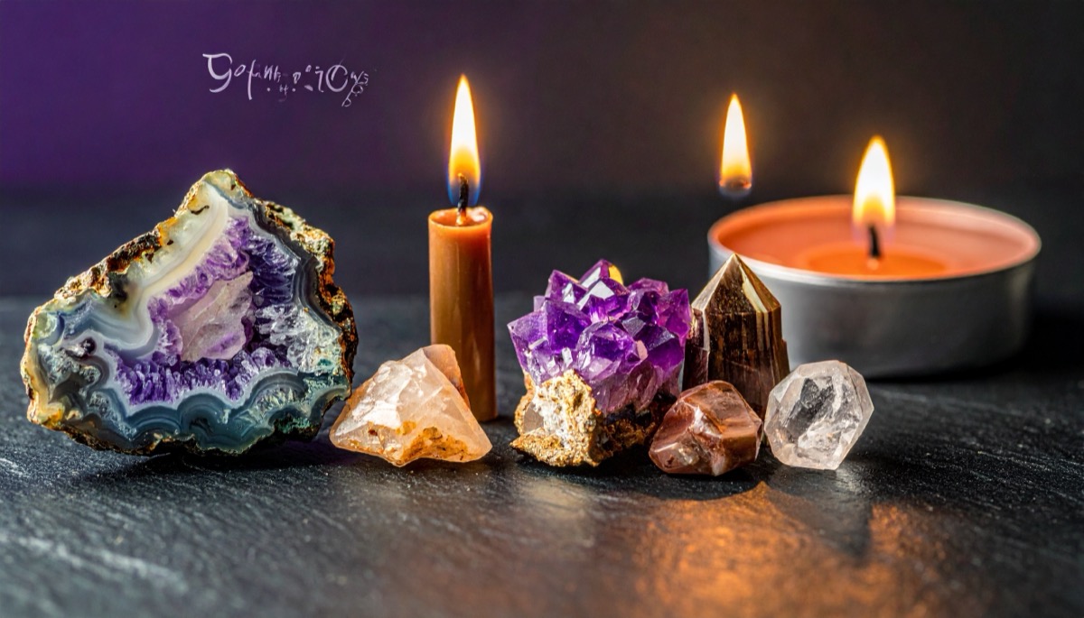 a banded purple and cream slice, a purple cluster and pale rough stones lit by three candles