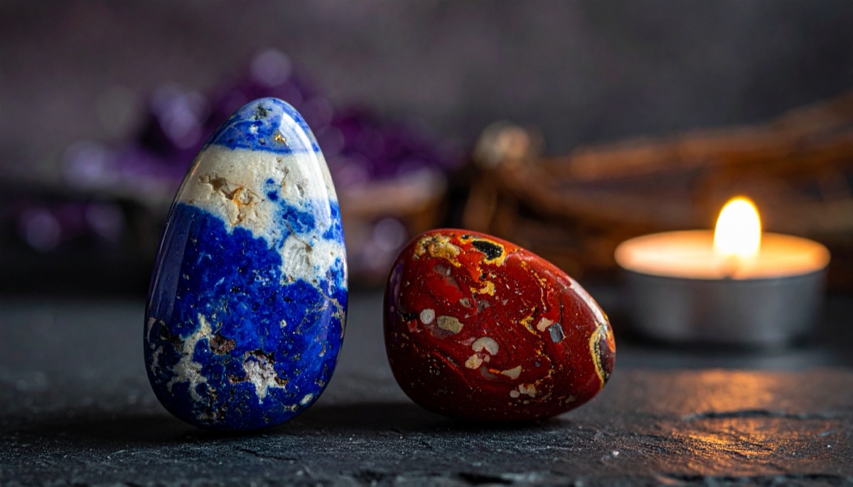 a polished blue and white stone next to a deep red tumbled pebble beside a tea light