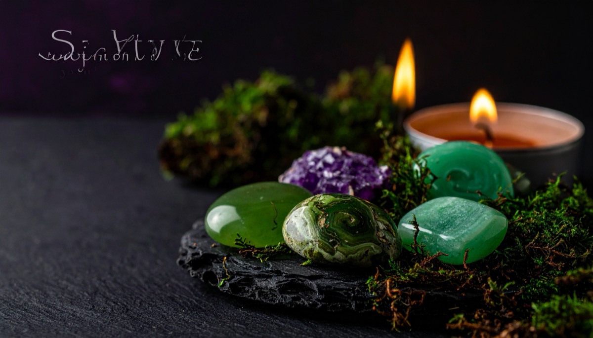 glossy green tumbled stones and a small purple cluster on moss and slate by candlelight