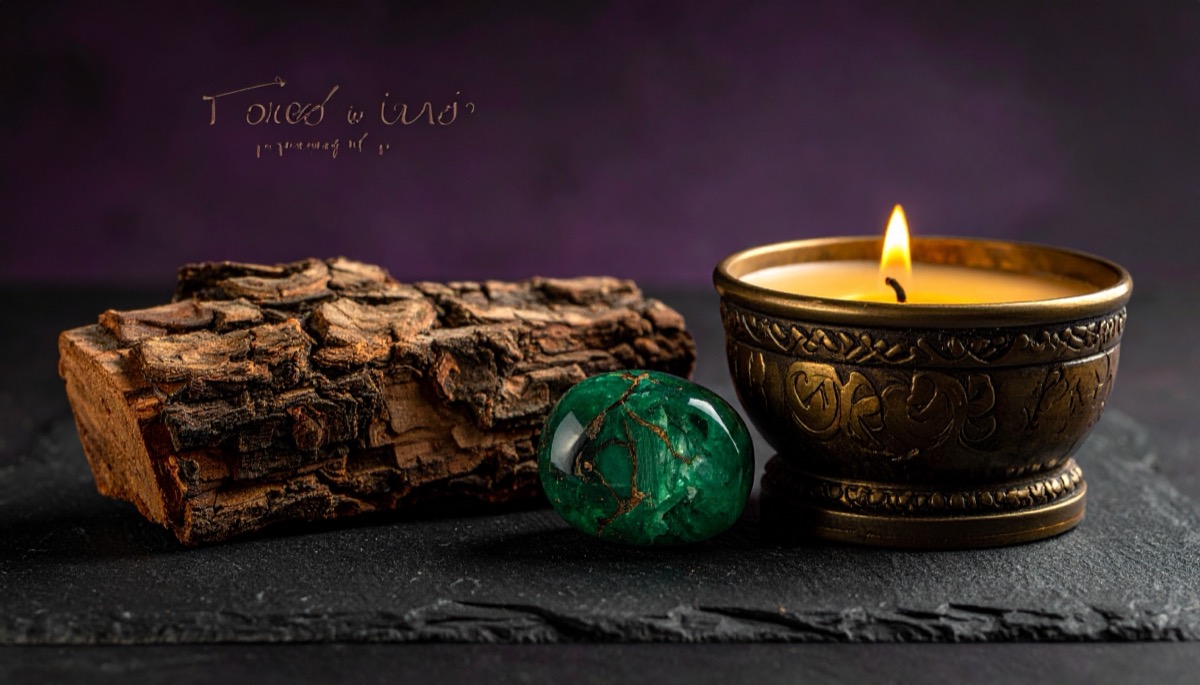 a bright green stone with copper veining beside bark and a brass candle bowl on slate