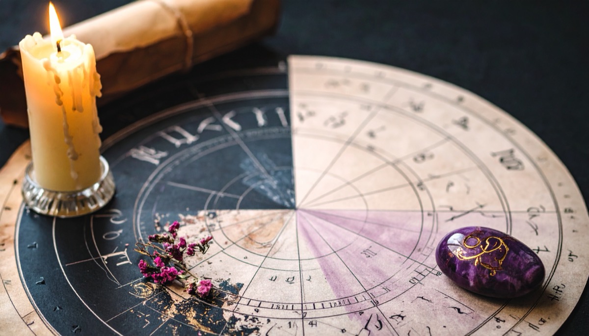 a printed zodiac wheel split into two halves with a purple palm stone and a lit taper candle