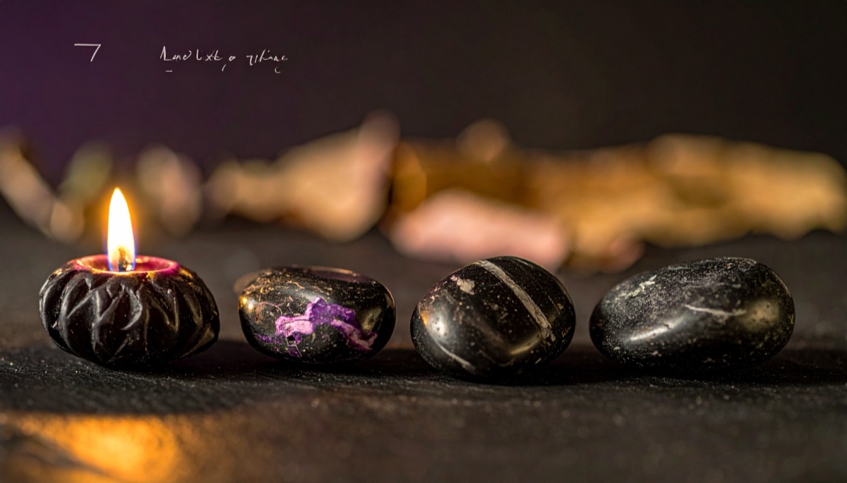 four dark tumbled pebbles with pale banding lined up beside a small lit candle