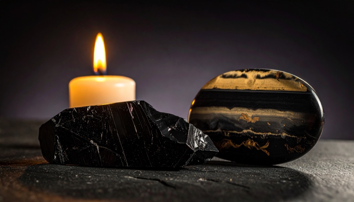 a rough glassy black chunk beside a polished black and gold banded oval by candlelight