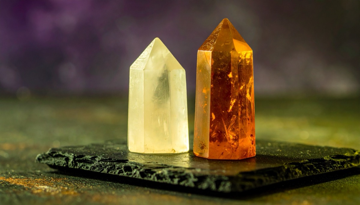 a milky pale point beside an orange brown polished point on a slab of dark slate