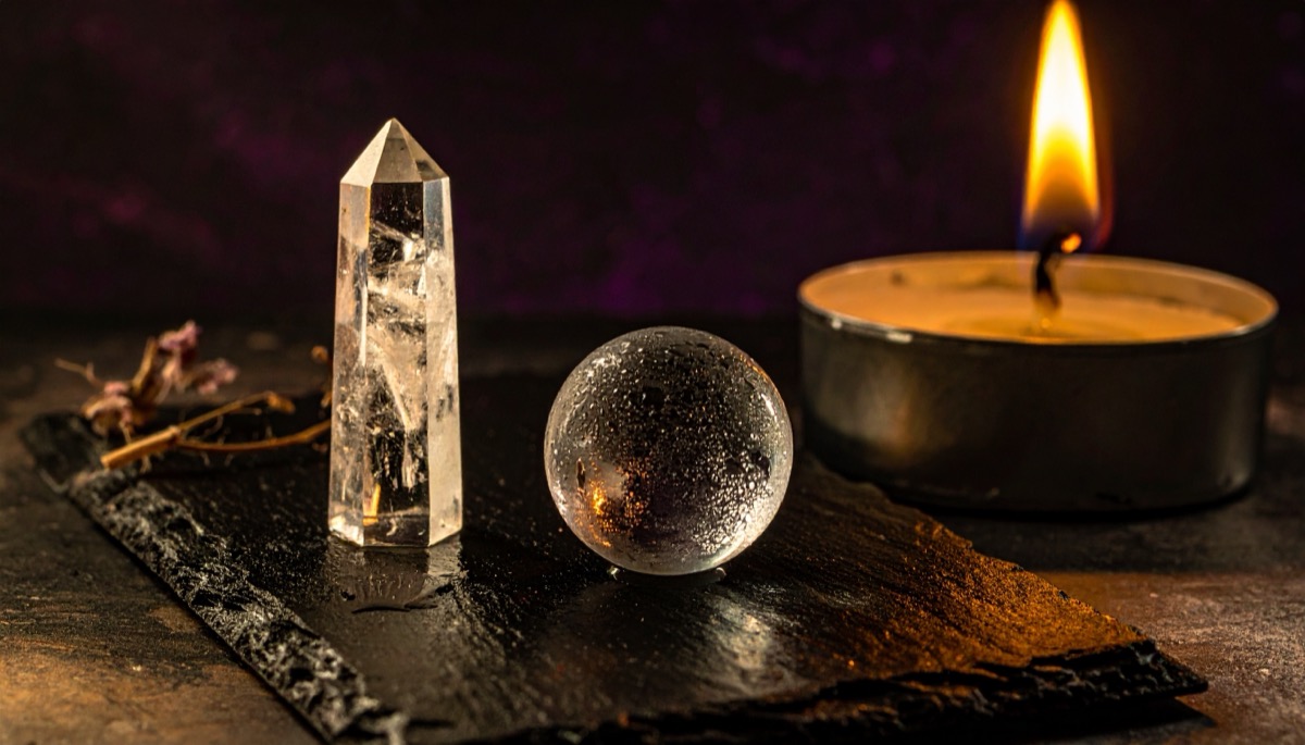 a clear faceted point beside a bubbled glass sphere on dark slate next to a tea light