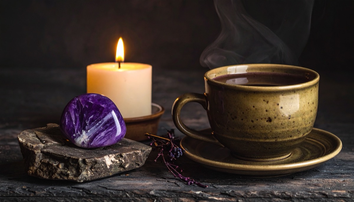a polished violet and white palm stone on stone beside a lit candle and a steaming tea cup