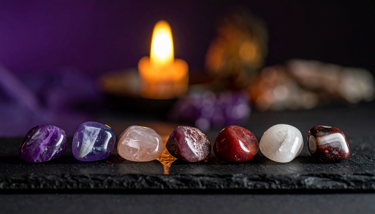 seven tumbled stones in a row, purple, pink, red, white and banded, on slate by candlelight
