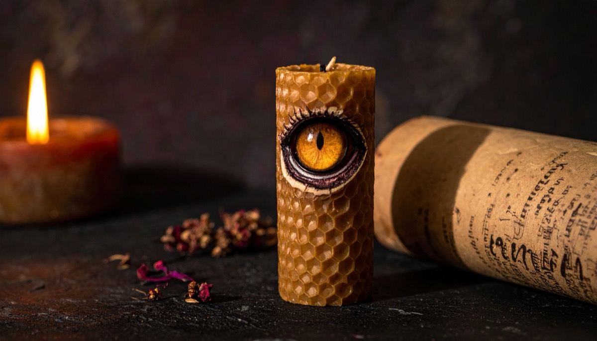 a honeycomb textured beeswax candle with a painted golden eye beside a rolled scroll
