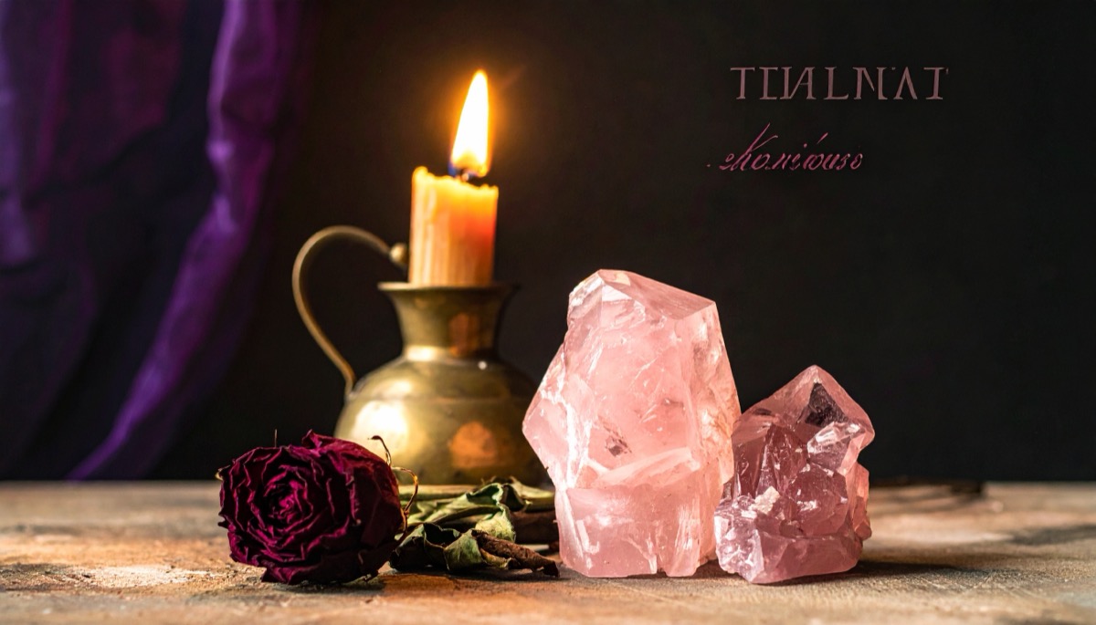 two rough pale pink chunks beside a dried red rose and a brass candle holder
