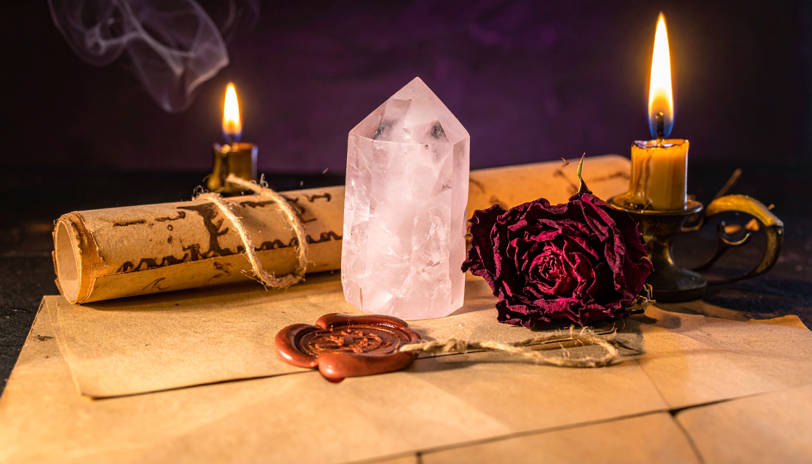 Rose quartz crystals on dark velvet in warm candlelight, crystals for love