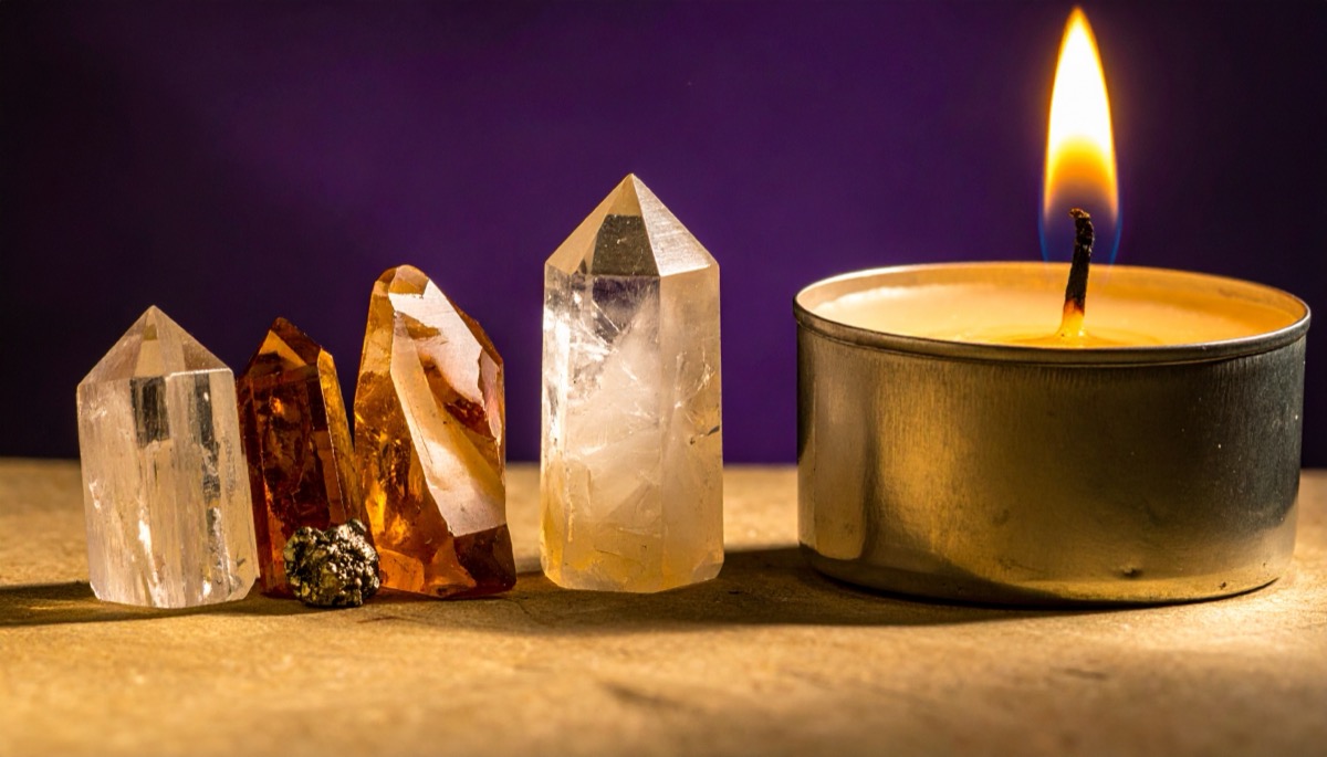 four clear and orange polished points standing beside a large lit tea light