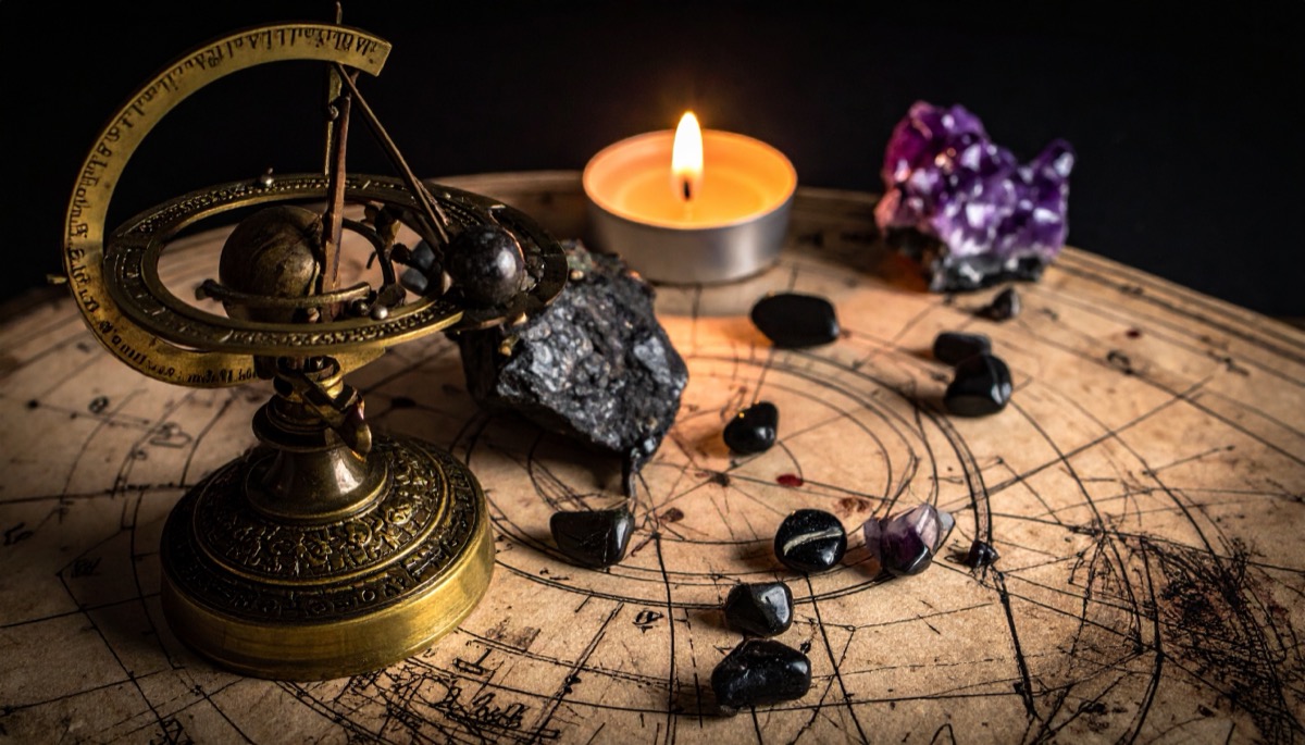 a brass armillary sphere with dark tumbled stones and a rough grey chunk on an old star map