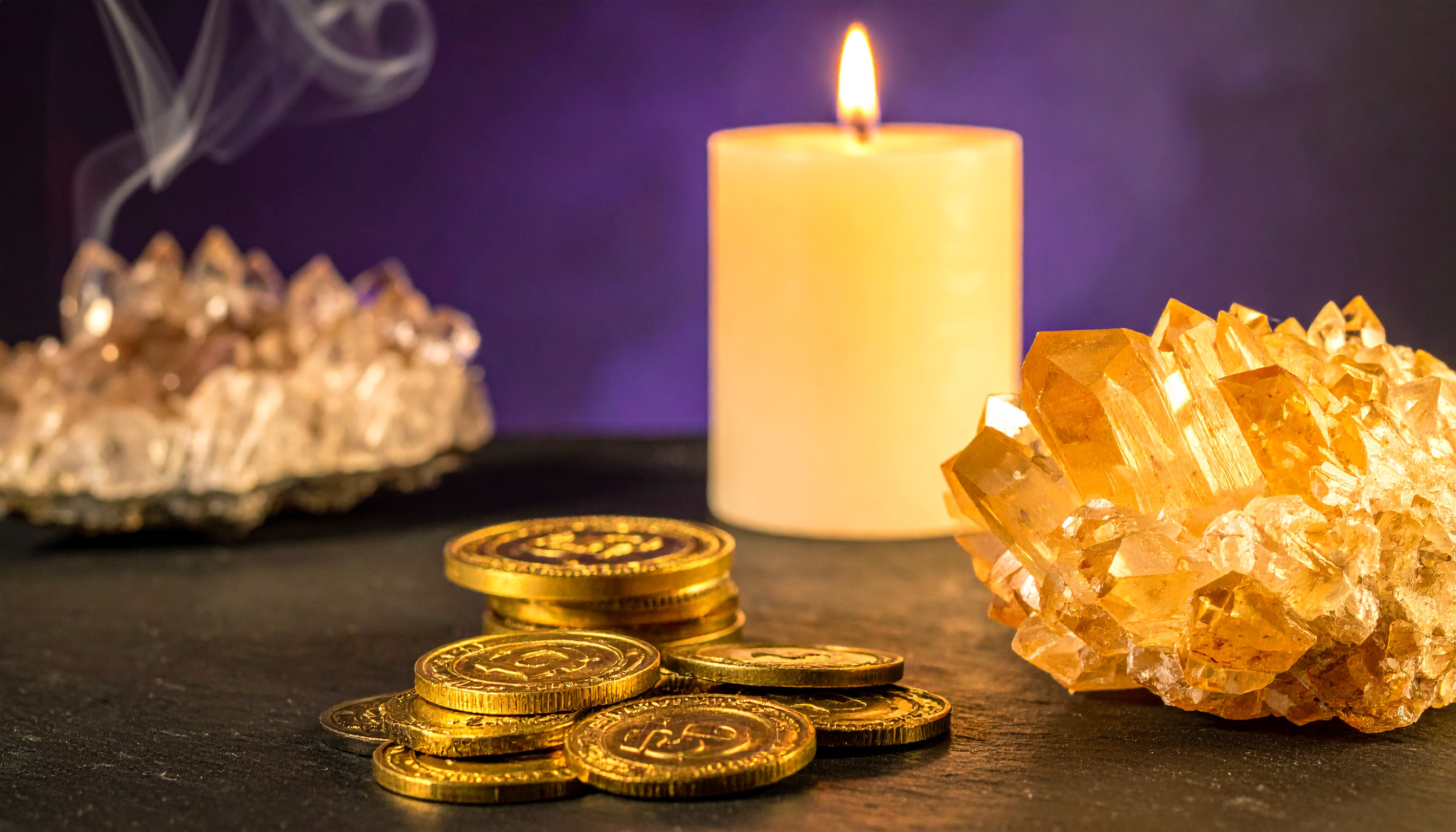 Citrine crystals on a dark surface in candlelight, crystals for money