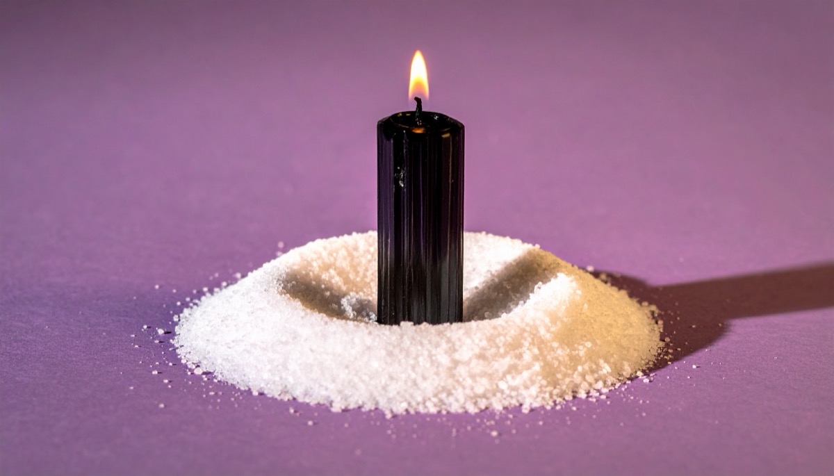 a lit black candle standing in a ring of coarse white salt on a mauve background