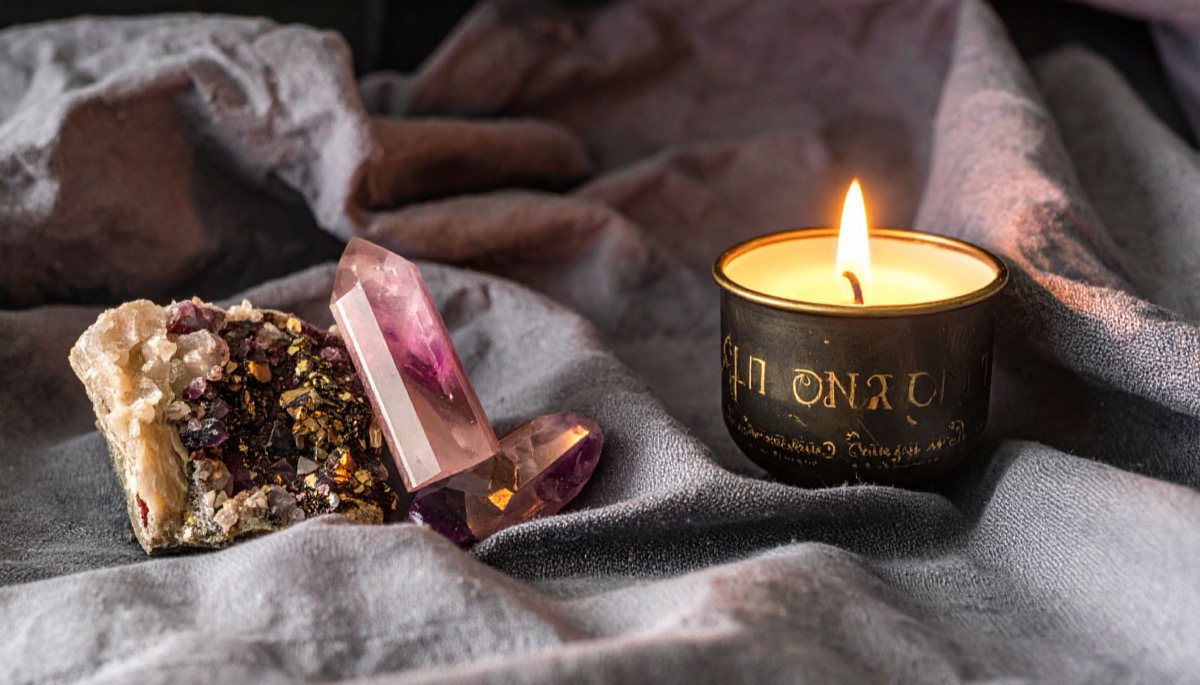 a pink and purple polished point with a sparkling rough chunk on grey bedding beside a candle