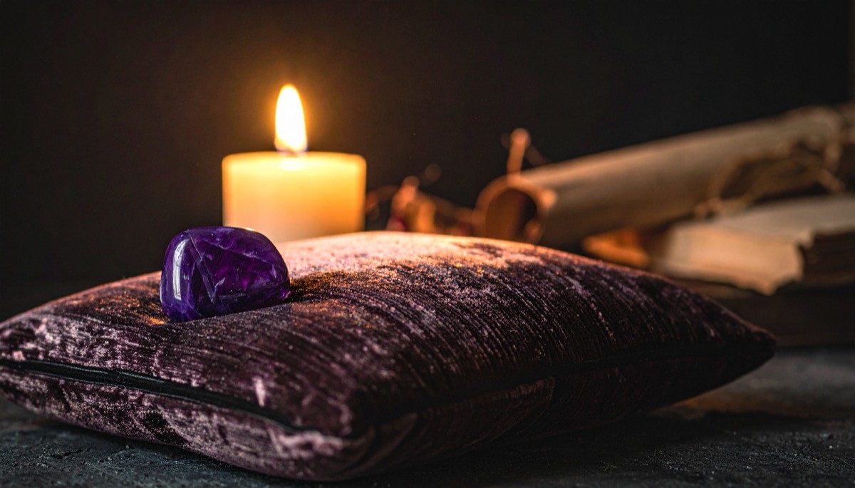 a purple tumbled stone resting on a crushed velvet cushion beside a lit pillar candle