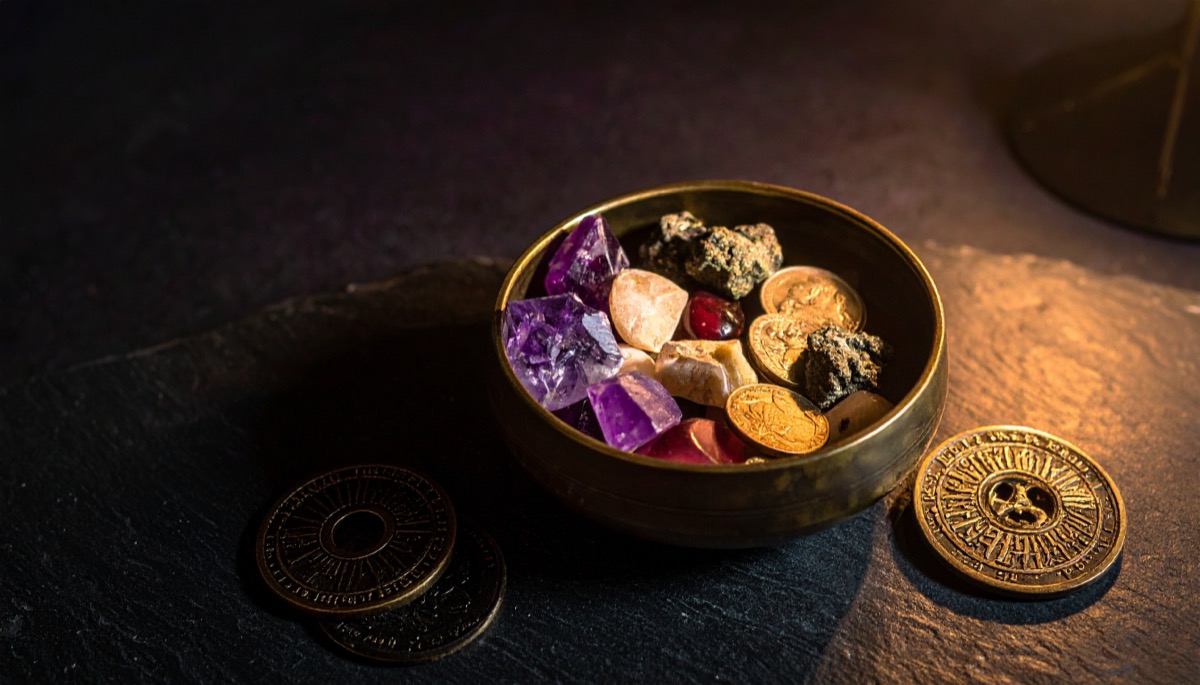 a brass bowl holding purple and pale rough stones with gold coins scattered on slate