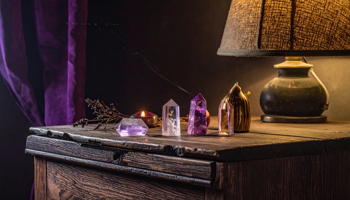 violet and amber polished points lined along a wooden bedside table beside a lamp
