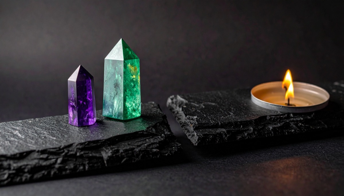 a purple point and a green point on separate slate slabs with a tea light apart from them