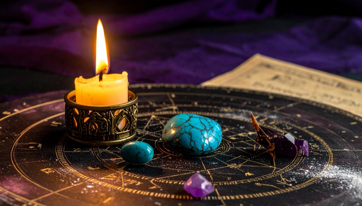 a bright blue stone with dark veining and small violet chips on a gold zodiac wheel
