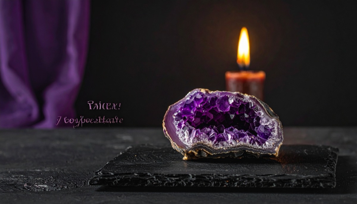 a sliced geode half packed with vivid purple crystals on slate beside a lit candle