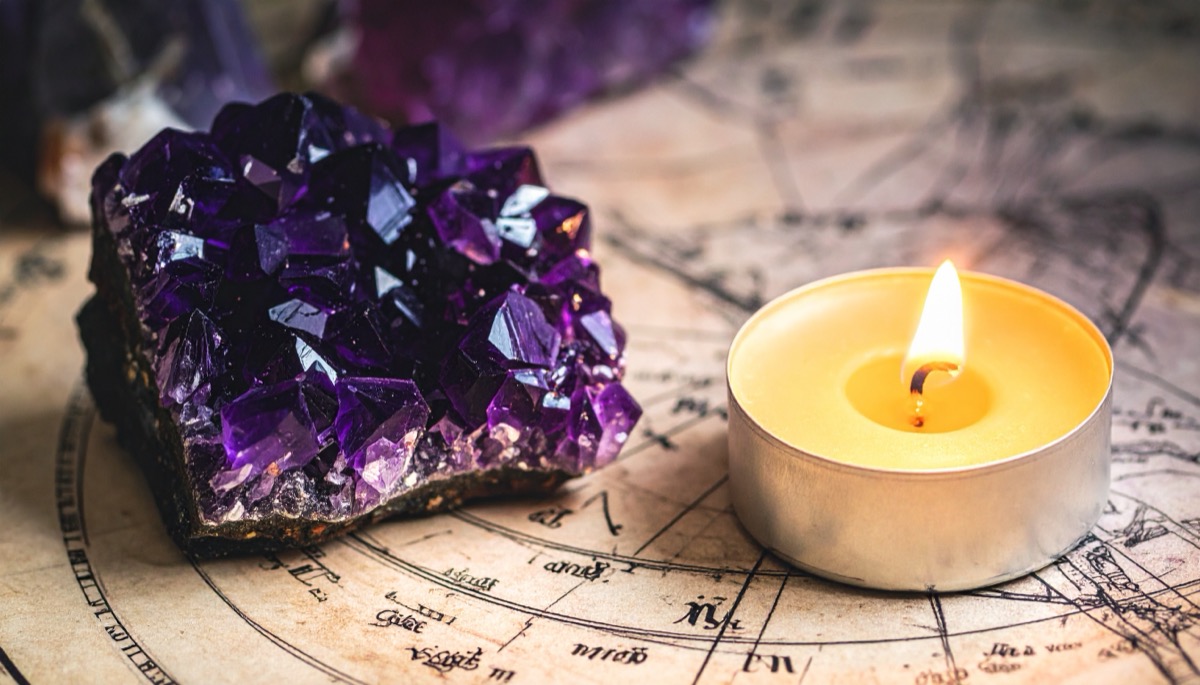 a deep purple amethyst cluster on an old astrological chart beside a lit tea light
