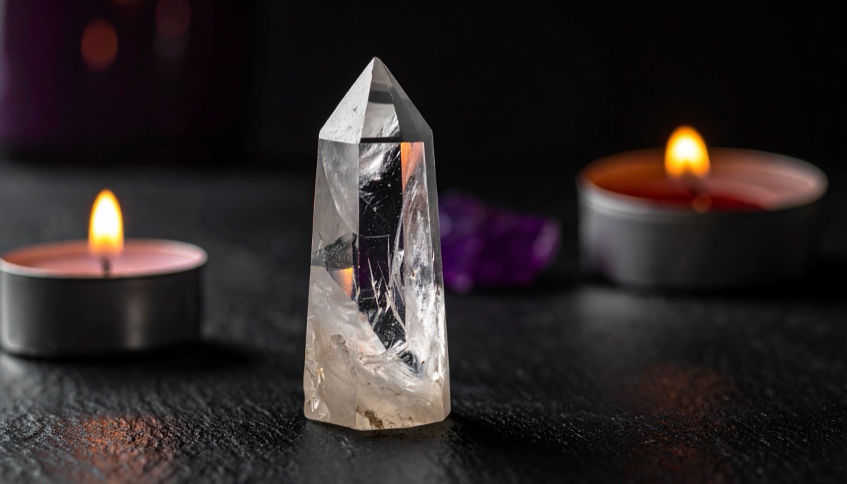 a clear polished point lit from within, standing between two tea lights on a dark surface