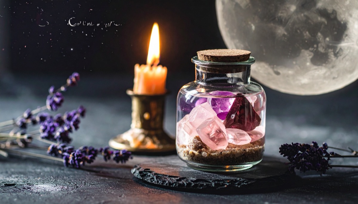 a corked glass jar of pink and violet rough stones beside dried purple stems and a full moon