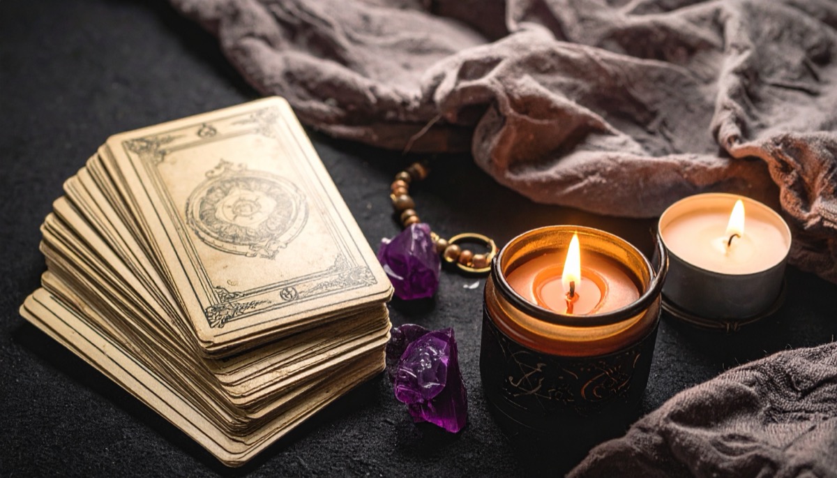a worn stack of face down tarot cards with purple rough chunks and two lit candles
