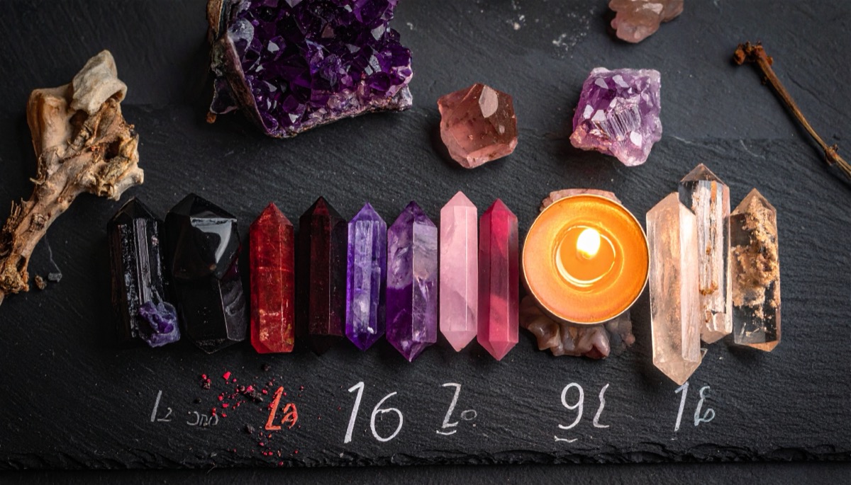 a row of polished points graded from black through red, purple and pink to clear on slate