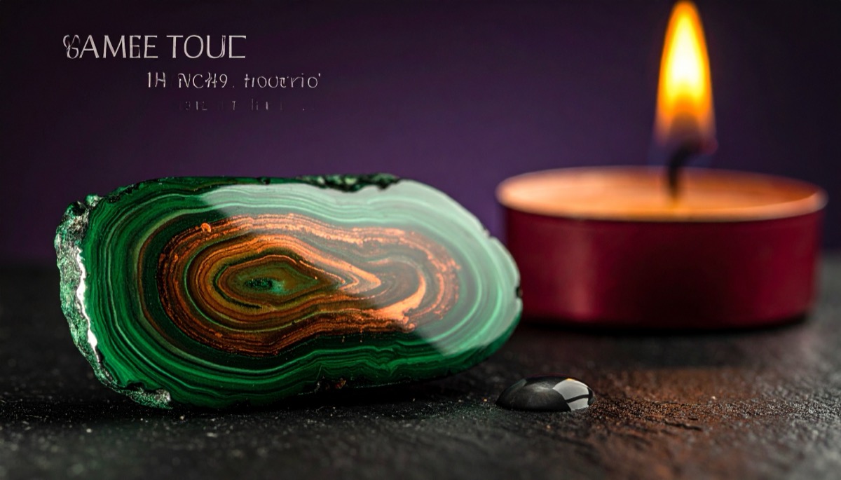 a polished slab banded in green and copper brown lying beside a red tea light