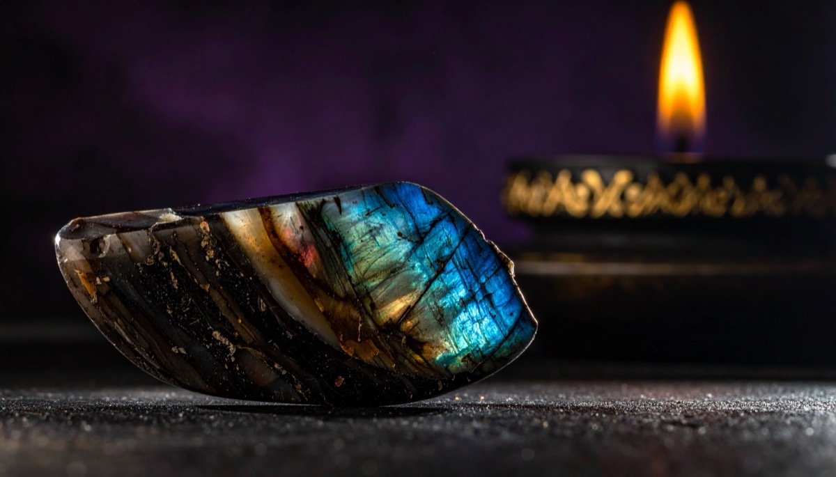 A raw amethyst geode and a brass magnifying glass on dark slate in candlelight