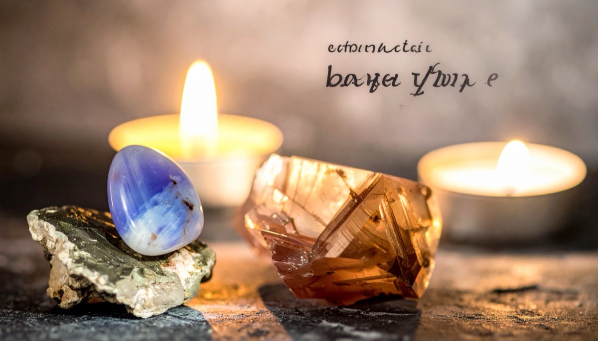a milky blue and white cabochon on rough rock beside an amber crystal and two tea lights