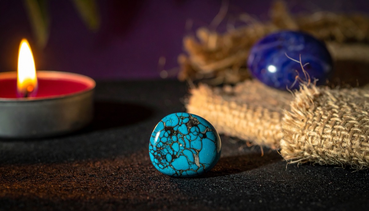a bright blue cabochon with black webbing beside a deep blue bead on hessian and sand