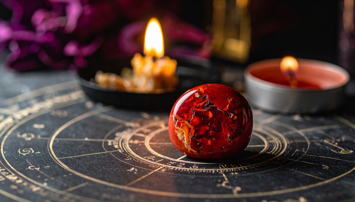 a polished bright red dome with dark speckling on a gold zodiac wheel by candlelight