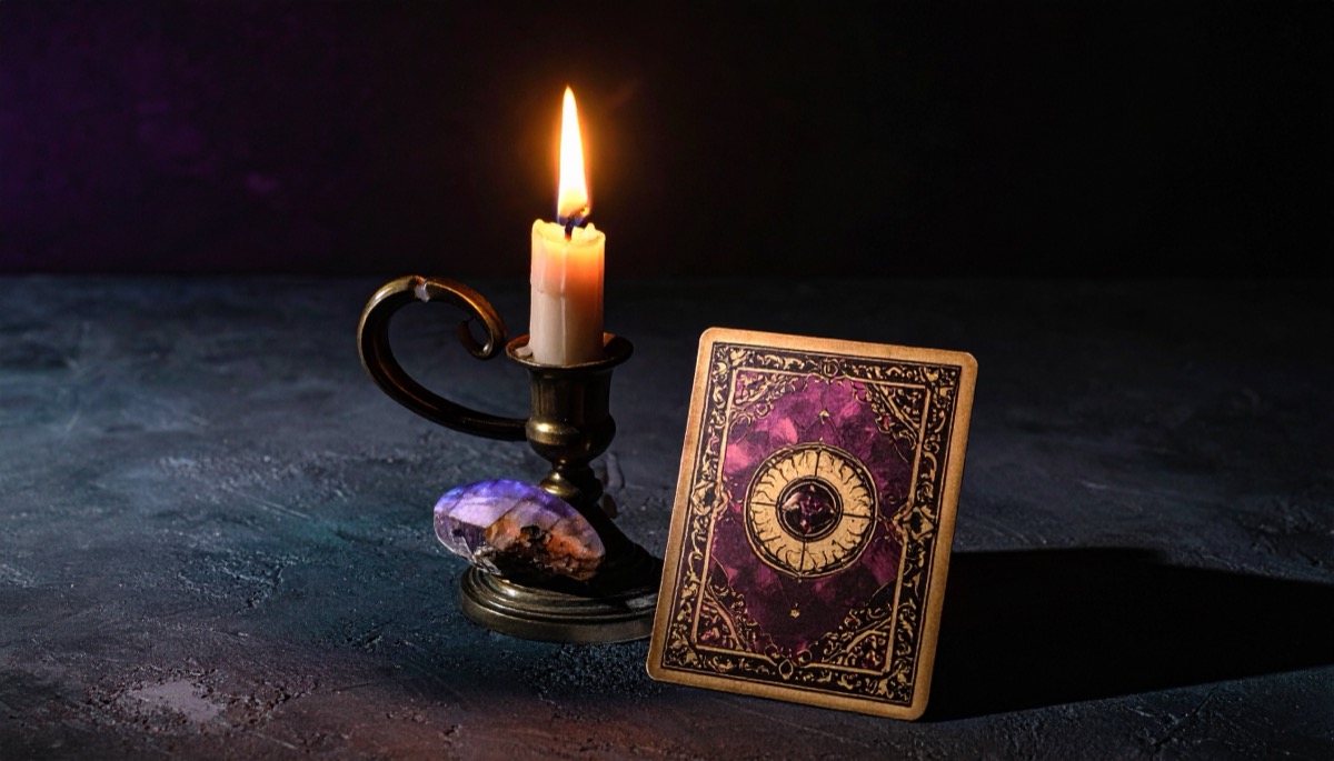 a face down tarot card with a gold sun back beside a brass candlestick and iridescent stone