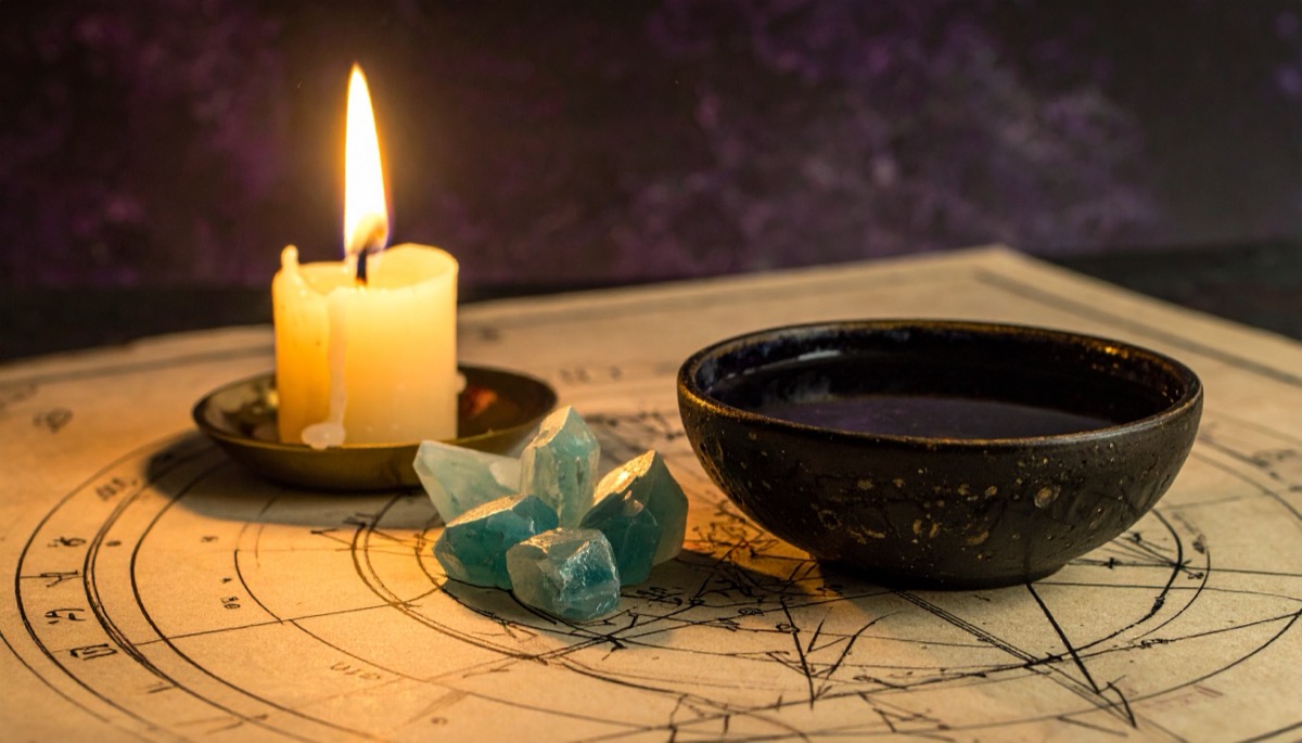 pale blue green rough chunks between a lit candle and a dark bowl of water on a chart