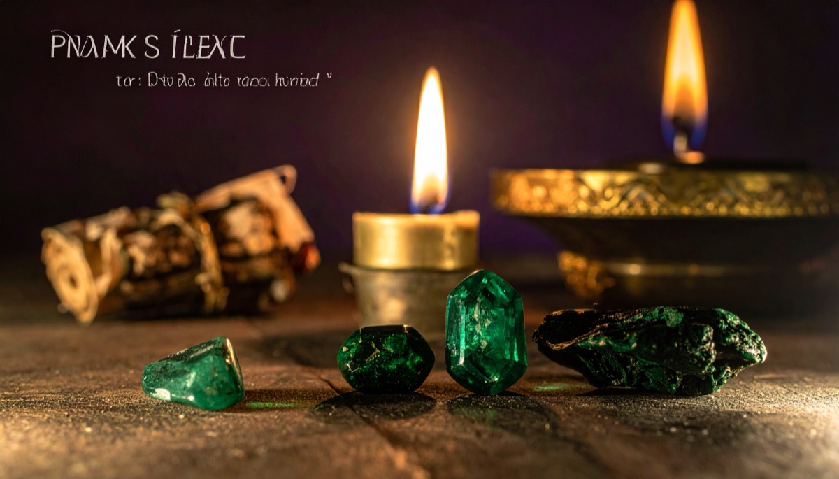 small deep green rough crystals in a row on wood between two flames