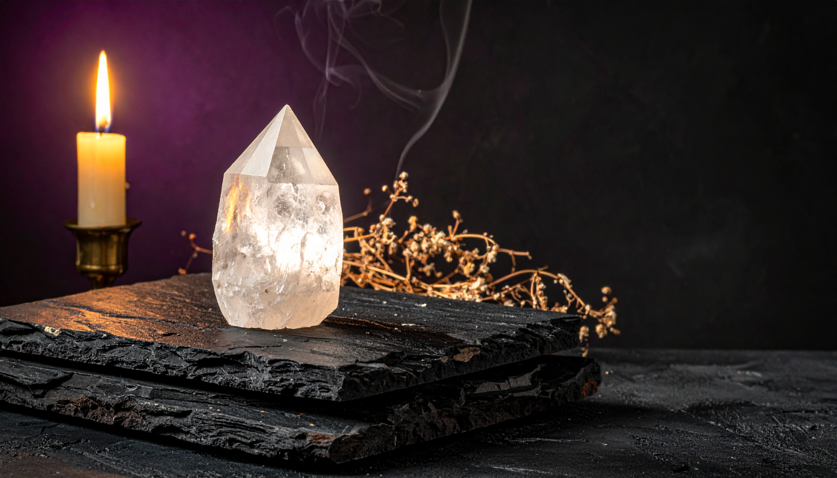 Crystal identification: a pale crystal on dark stone in low candlelight